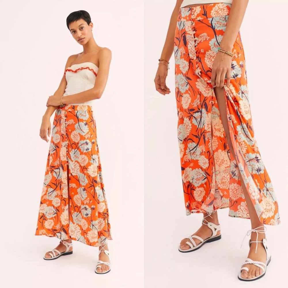 Free People Orange Floral Side-Slit Maxi Skirt